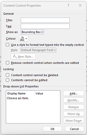 Drop-Down List content box - edit properties screenshot