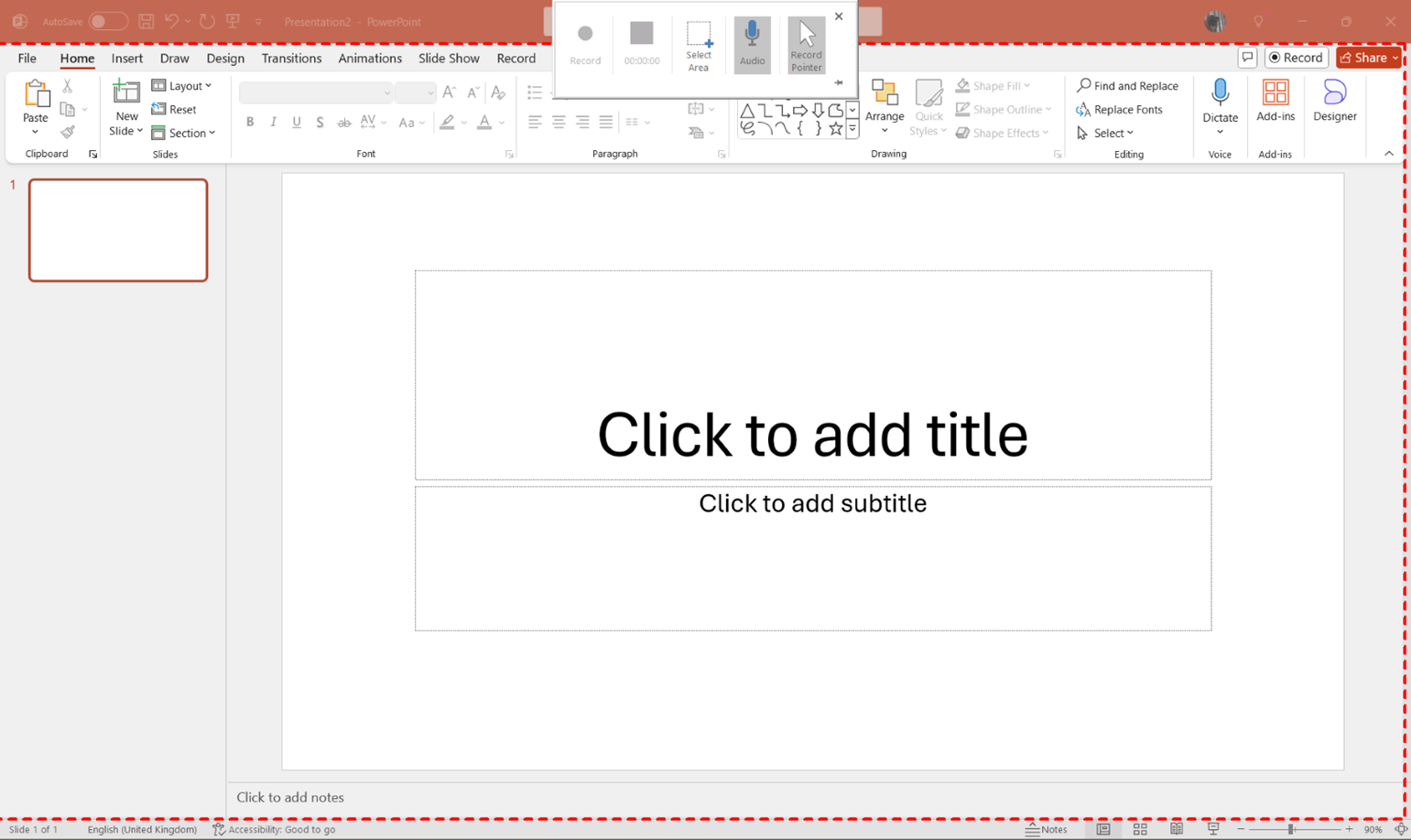 Screen Recording in PowerPoint - drawing screen recording window screenshot