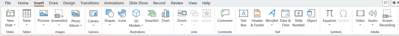 Screen Recording in PowerPoint - insert tab screenshot
