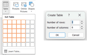 Publisher basics tables - insert table options screenshot