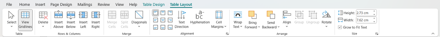 Publisher basics tables - table layout tab screenshot