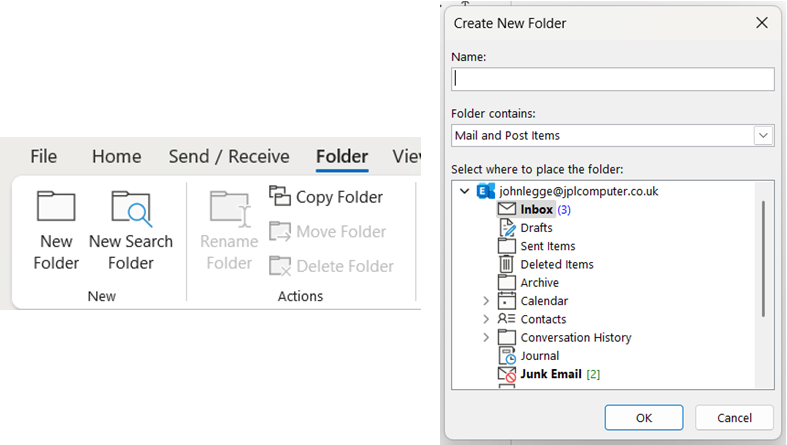 Outlook folders - new folder by the folders tab