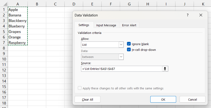 Autocomplete Data Validation in Excel: data validation settings screenshot
