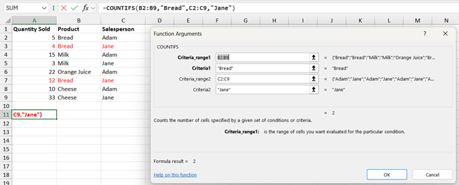 SUMIFS and COUNTIFS functions - COUNTIFS screenshot