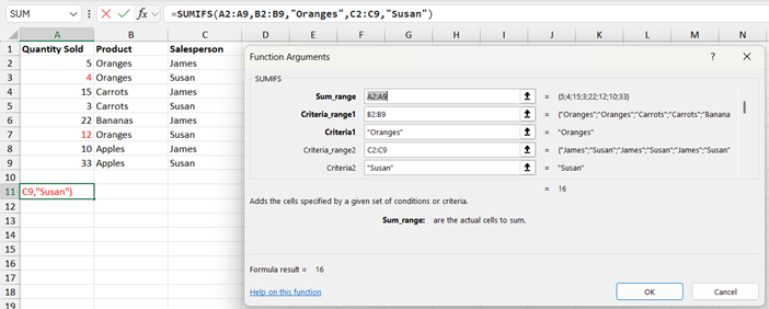 SUMIFS and COUNTIFS functions - SUMIFS screenshot