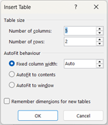Inserting Tables in Word - Insert Table option screenshot
