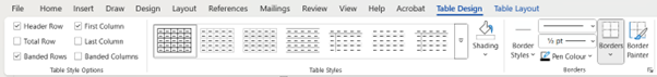 Inserting Tables in Word - Table Design Tab screenshot