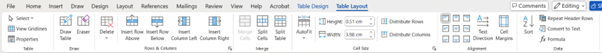 Inserting Tables in Word - Table Layout Tab screenshot