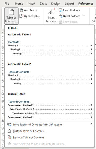 Creating a table of contents in Word - References Tab screenshot