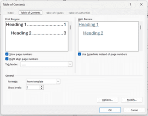 How to create a table of contents in Word - custom table of contents screenshot