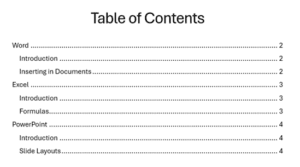 Creating a table of contents in Word - table of contents screenshot
