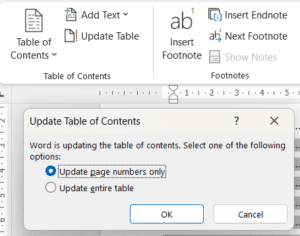 How to create a table of contents in Word - updating table of contents screenshot