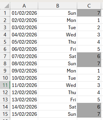 WEEKDAY function in Excel - conditional formatting outcomes screenshot