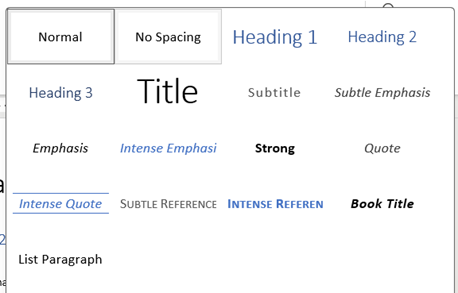 Styles and Document Formatting in Word: screenshot of styles options